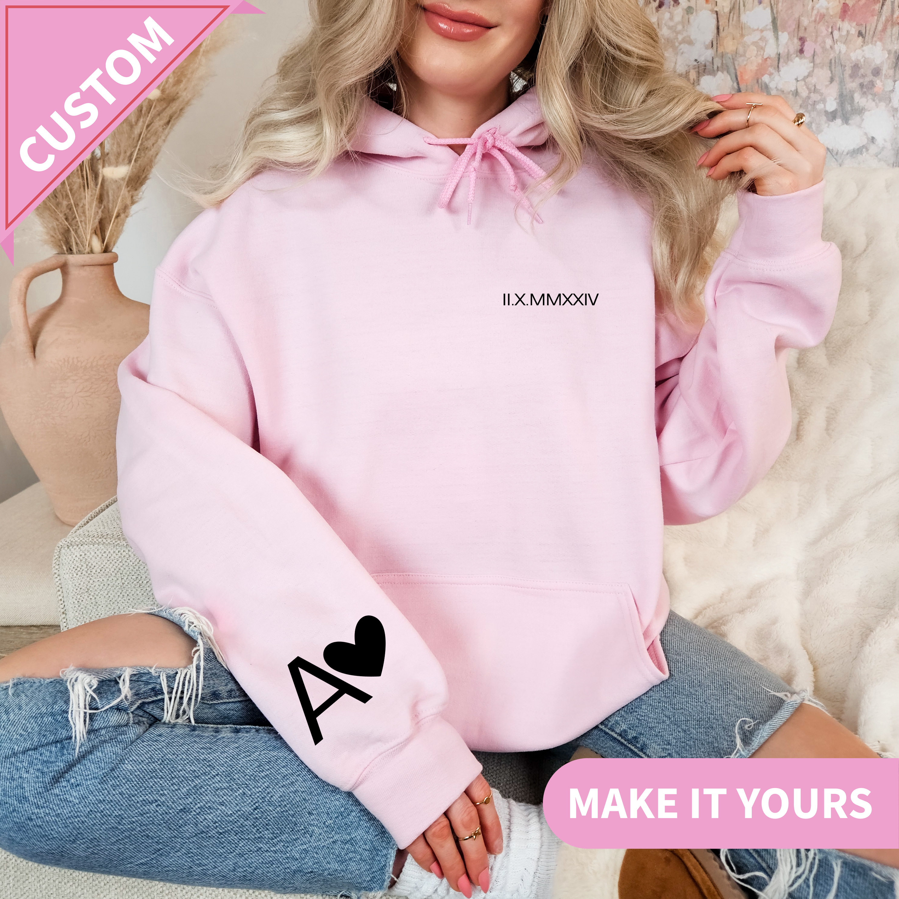 Personalized Embroidered Couples Roman Numeral Hoodie