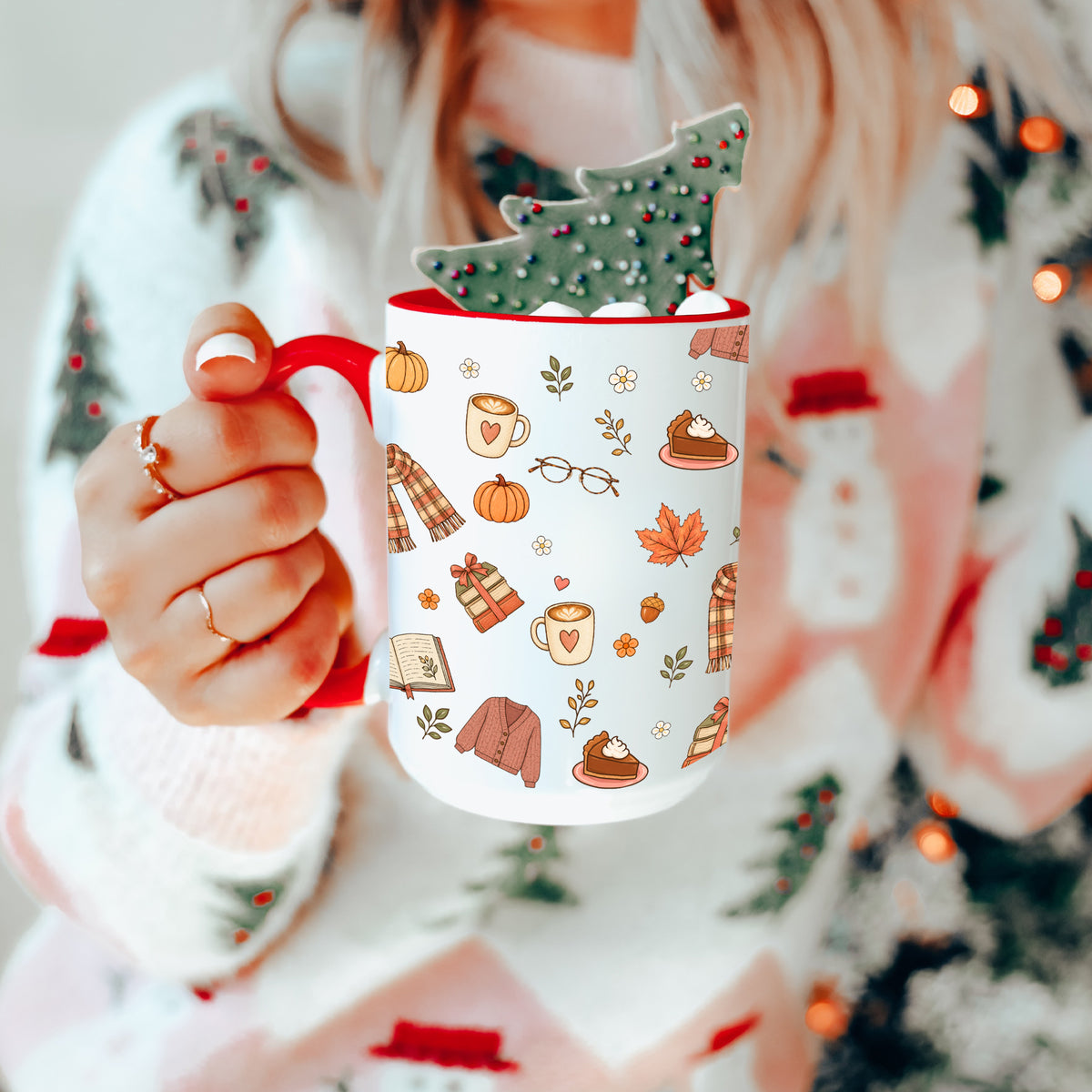 Autumn treats and pumpkin pie ceramic mug in red trim