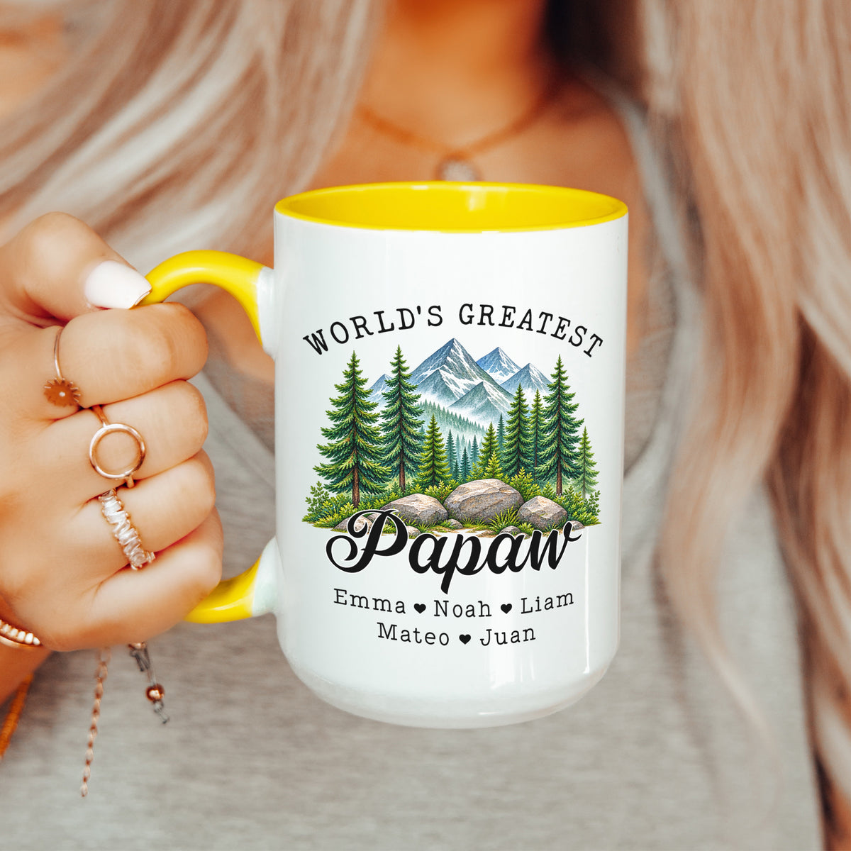 Personalisierte Papaw-Tasse mit den Namen der Kinder
