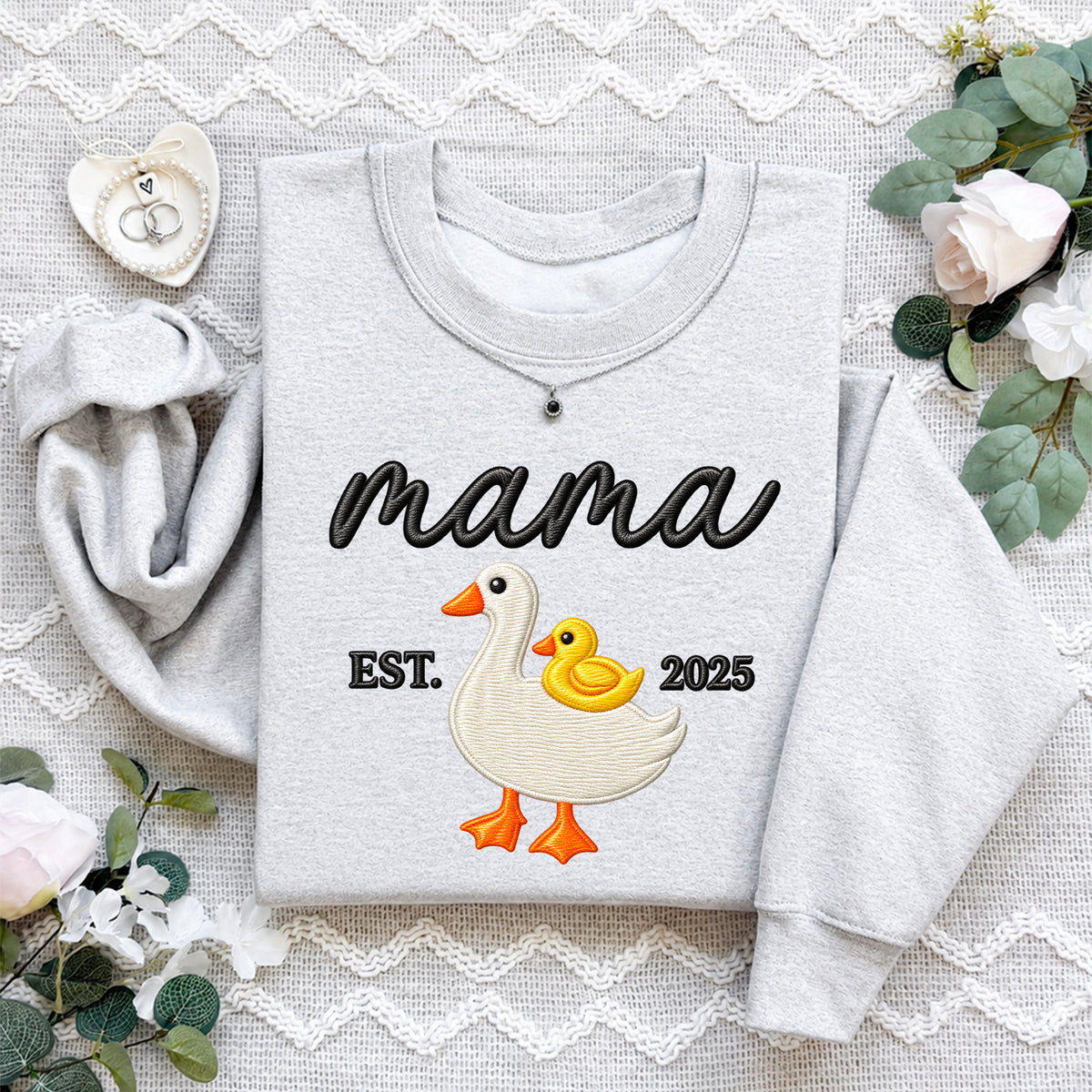 Mama Goose embroidered new mom gift pullover in ash grey