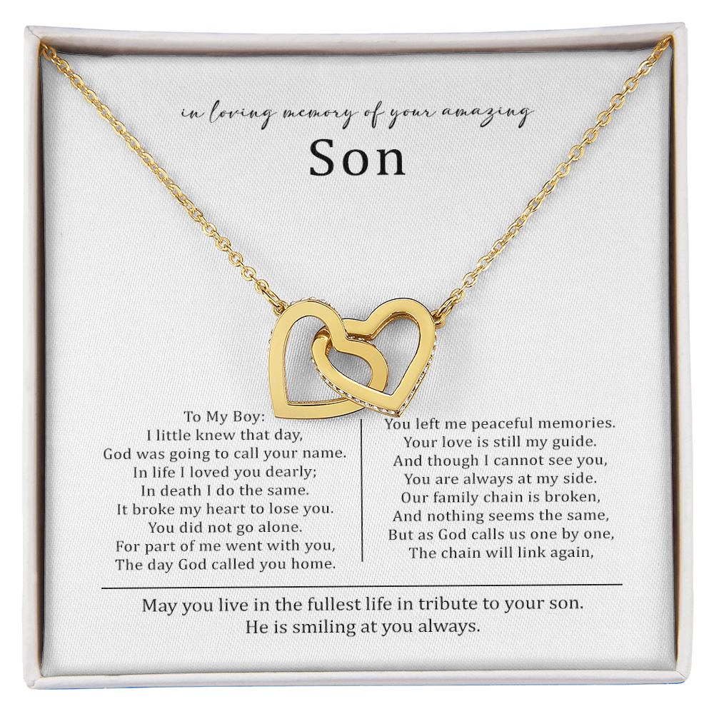 Collier commémoratif à cœurs entrelacés – « En souvenir affectueux de mon fils »