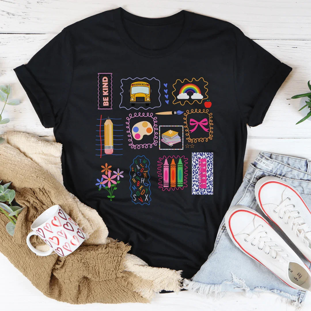 Back To School Teacher Colorful Classroom Icons & Be Kind Design Tee Black Heather / S Peachy Sunday T-Shirt