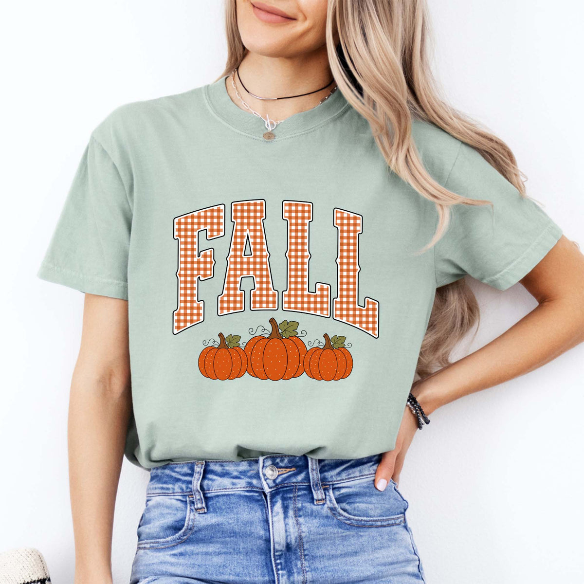Gingham Pumpkin Autumn Graphic T-Shirt – Retro Fall Vibe