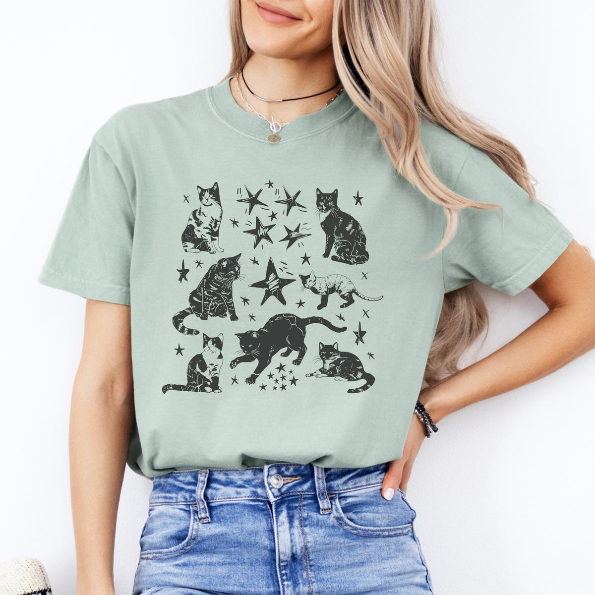 Vintage-T-Shirt mit Katzen-Sternmotiv