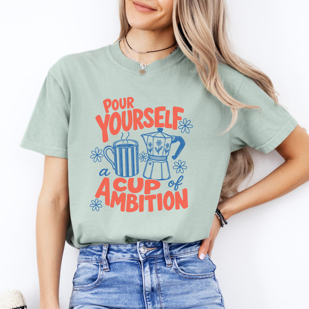 Pour Yourself A Cup Of Ambition retro coffee lover graphic top in bay
