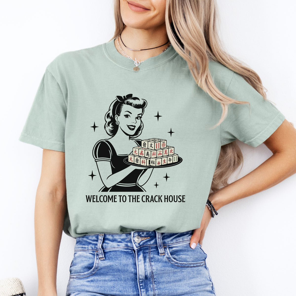 Vintage 1950s Mahjong Hostess Graphic Casual Shirt – "Welcome To The Crack House"