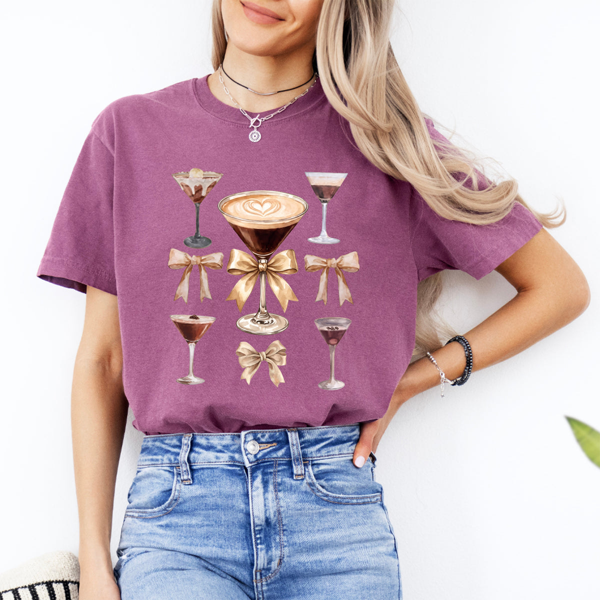 Espresso Martini Coquette Bows Graphic Top – Trendy Cocktail Casual Shirt