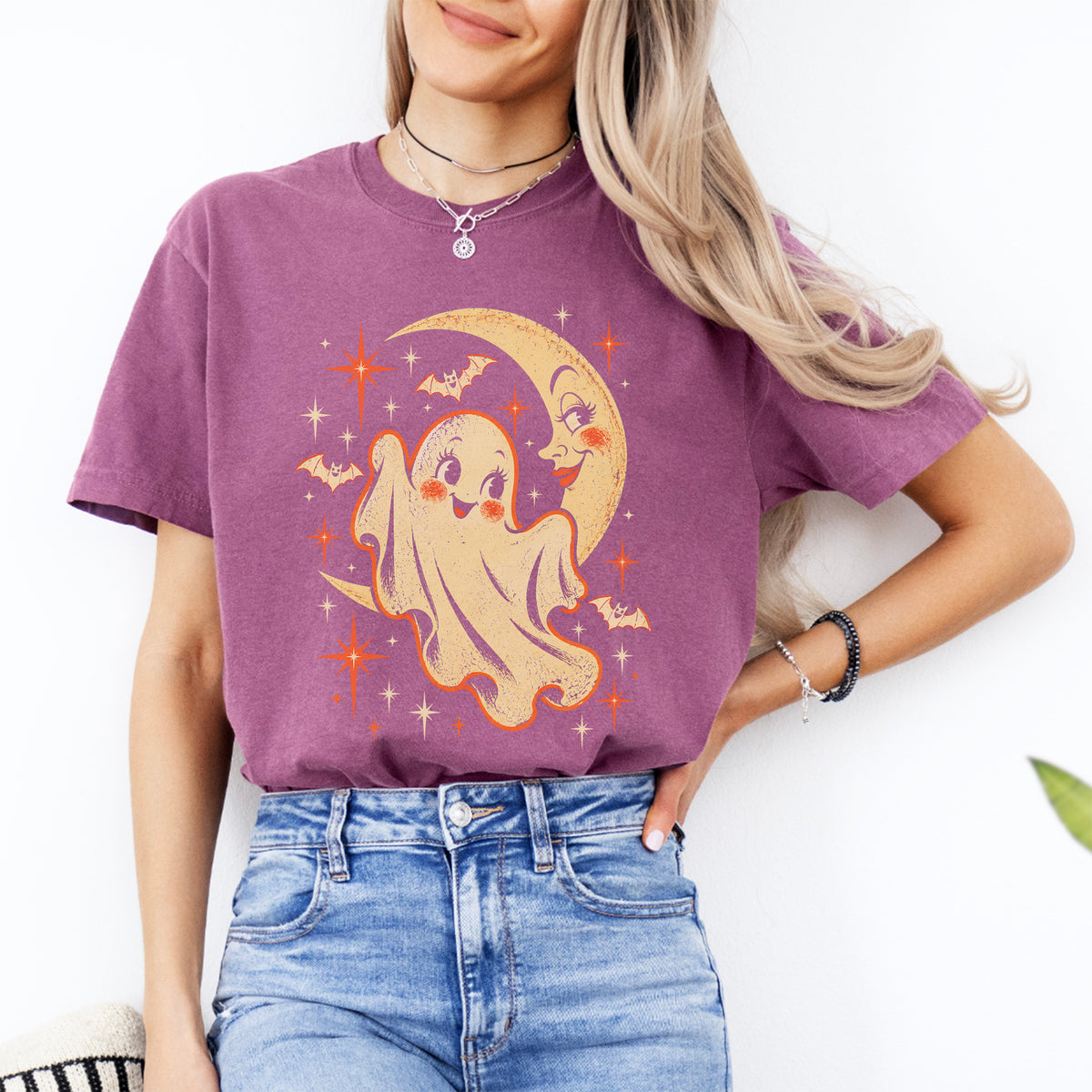 \"Retro-Gespenst und Mondsichel\" – Spooky-Celestial-Print-Top