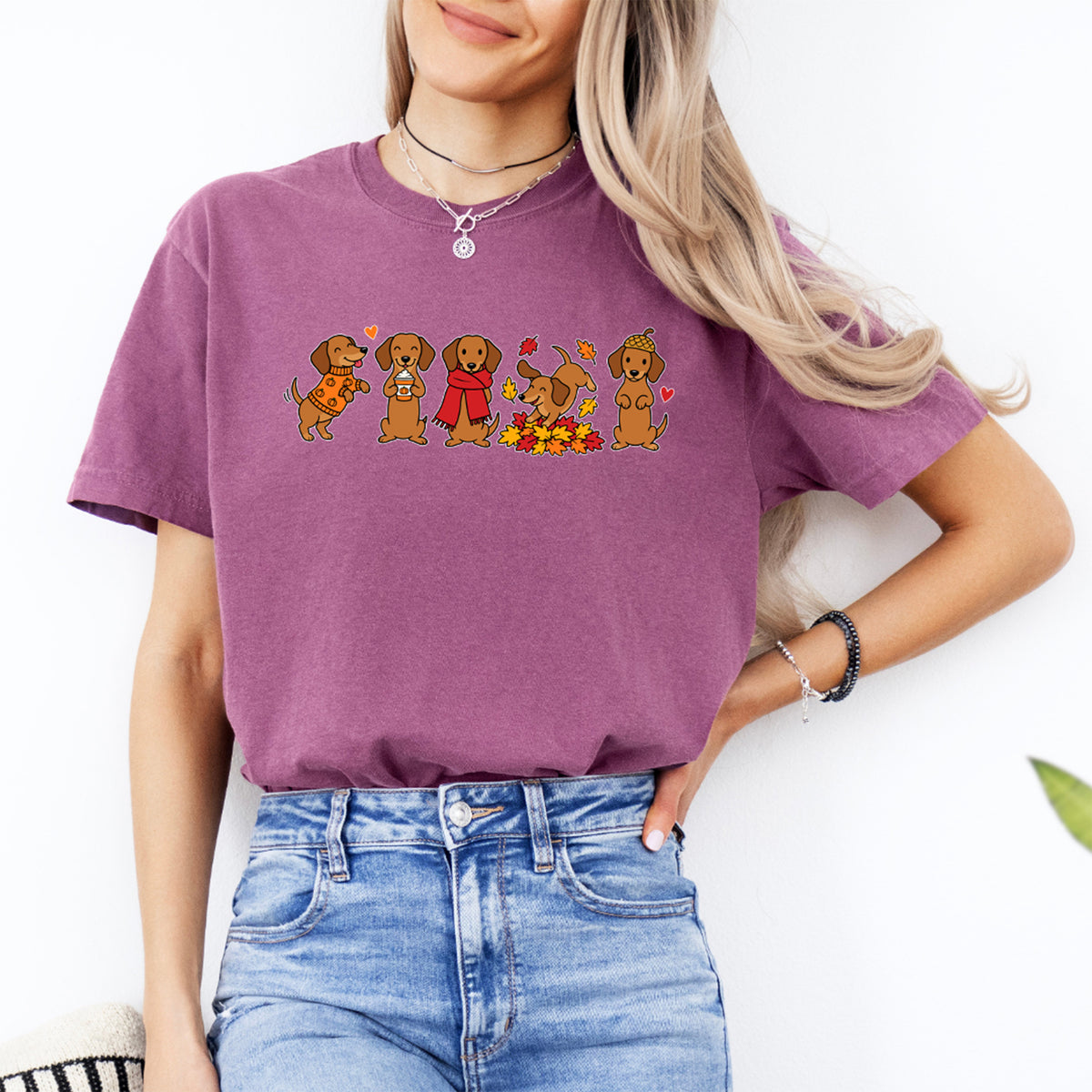 Autumn Dachshund Lineup Graphic Tee – Fall Wiener Dog Shirt