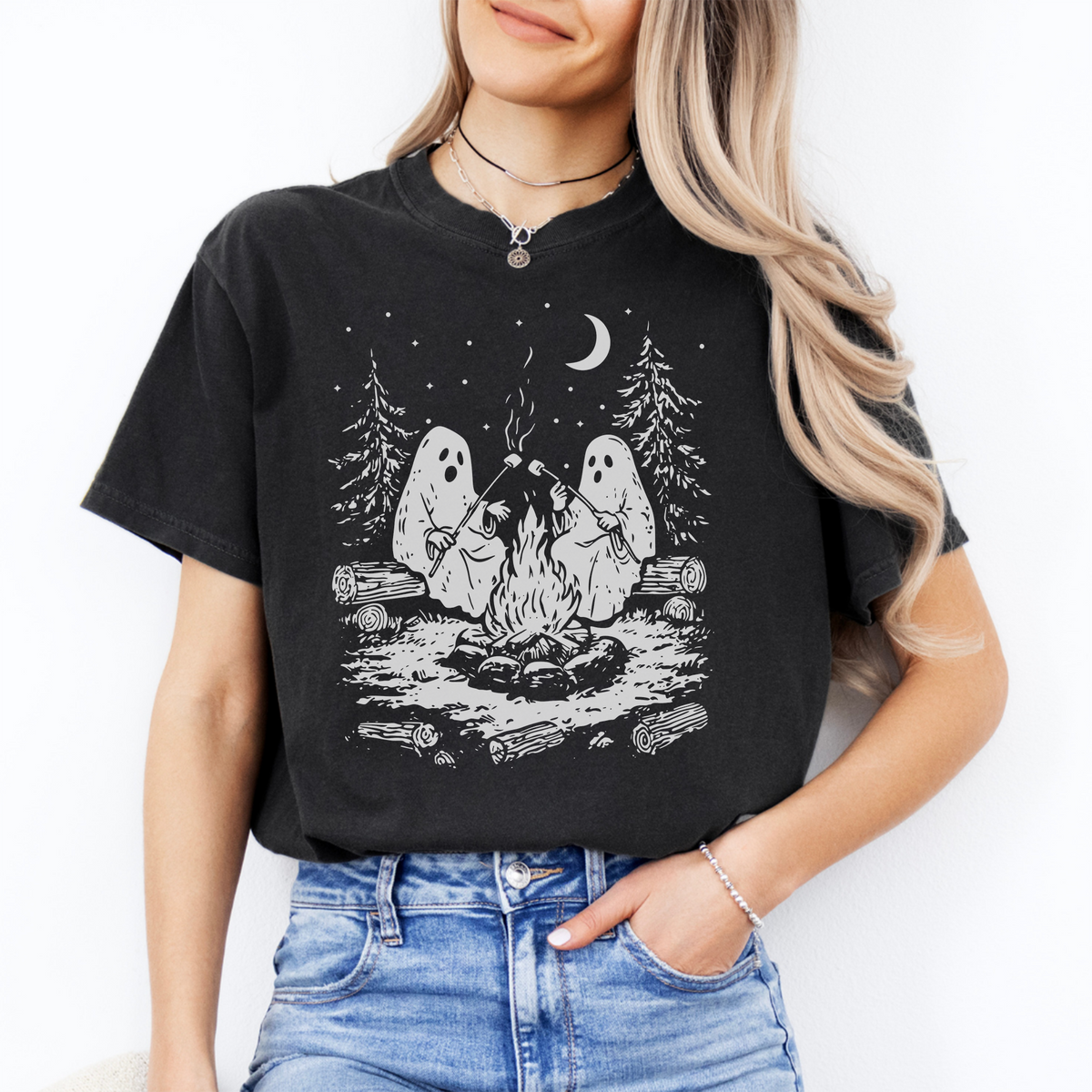 Black Funny Campfire Ghosts Halloween T-Shirt with cozy outdoor night scene