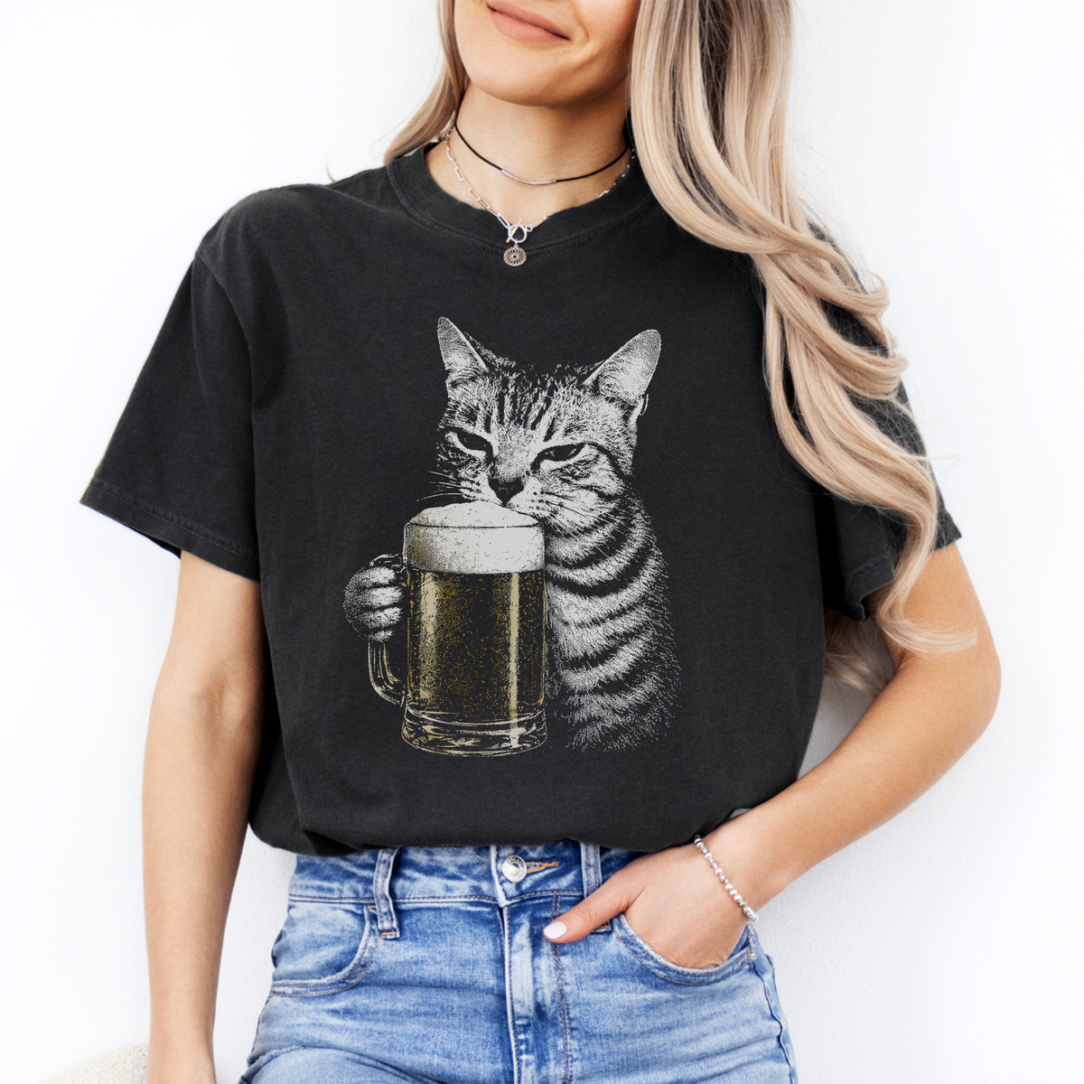 Black Cat Drinking Beer Graphic T-Shirt with funny tabby cat holding beer mug