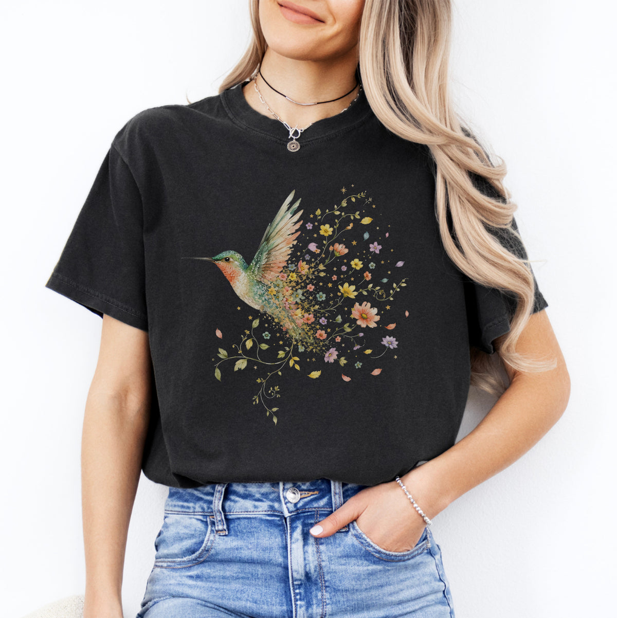 T-Shirt mit Kolibri und Wildblumen