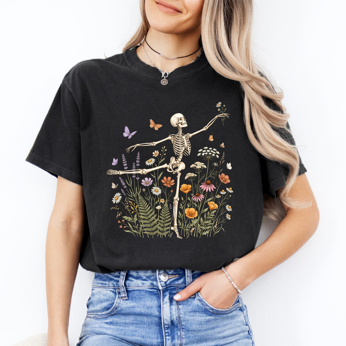 Botanical wildflower meadow ballerina skeleton graphic shirt in black