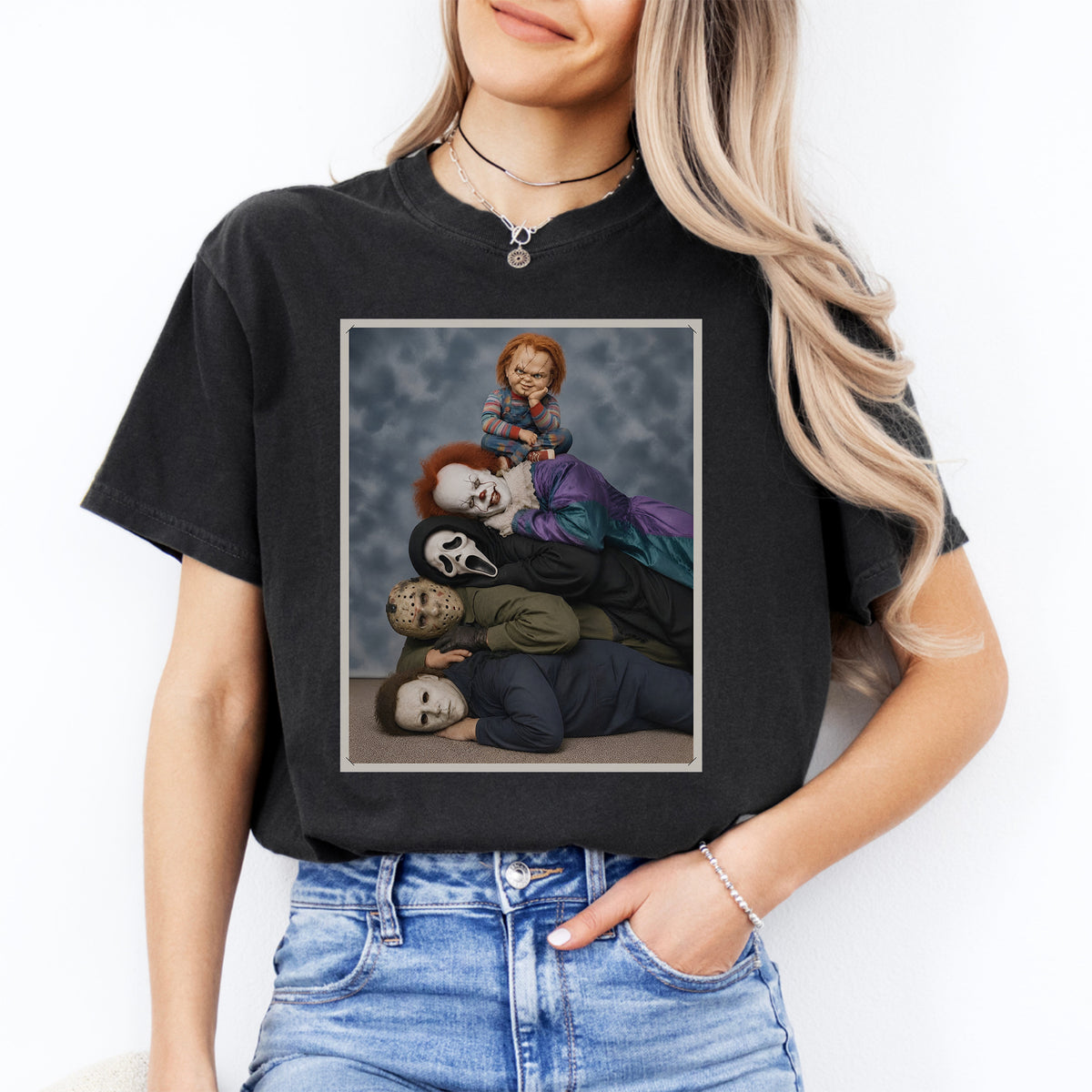 Vintage horror slasher graphic shirt featuring awkward family portrait pyramid photo of famous horror movie icons on black cotton tee