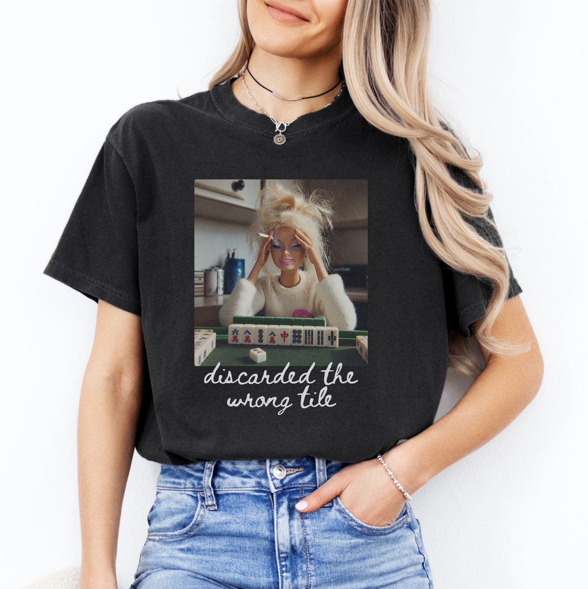 Mahjong game night graphic casual top in black cotton