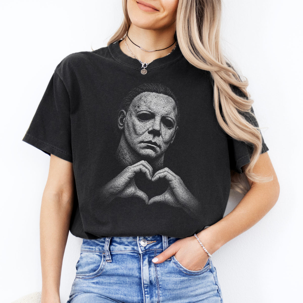 Vintage-T-Shirt mit Slasher-Herz-Hände-Motiv – lässiges Horror-Parodie-Shirt