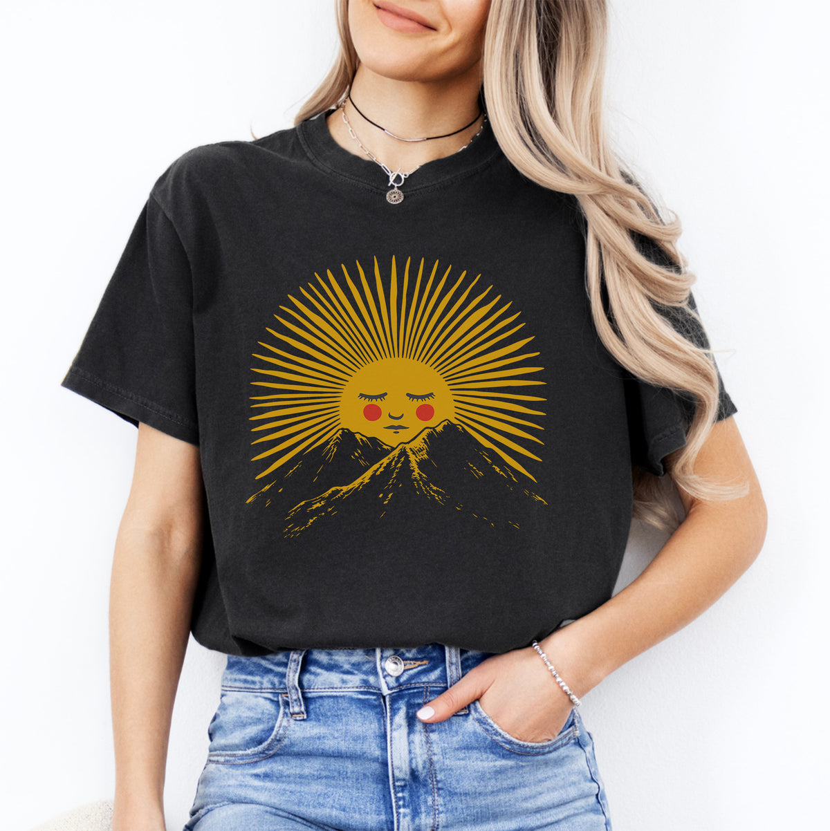 Celestial Rising Sun and Mountains Boho Graphic Tee in Black