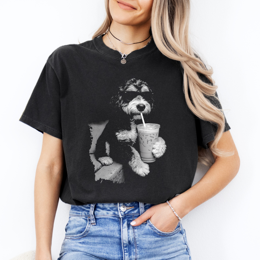 Bernedoodle Drinking Iced Coffee Tee