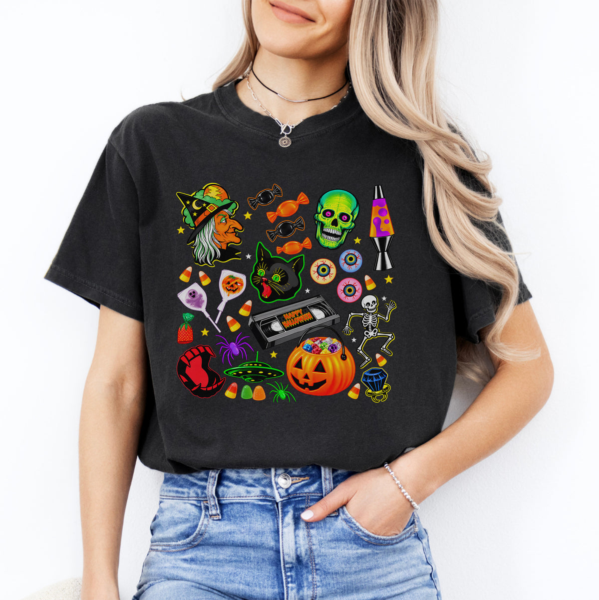 Retro Spooky Season Collage Graphic T-Shirt – 90s Halloween Nostalgia