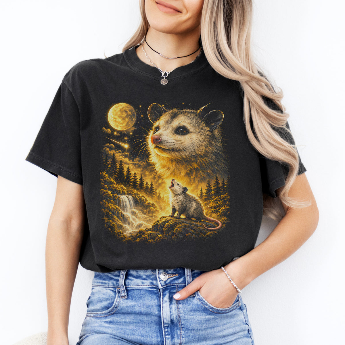 Top gráfico de parodia retro de fauna silvestre irónica – Zarigüeya aullando a la luna