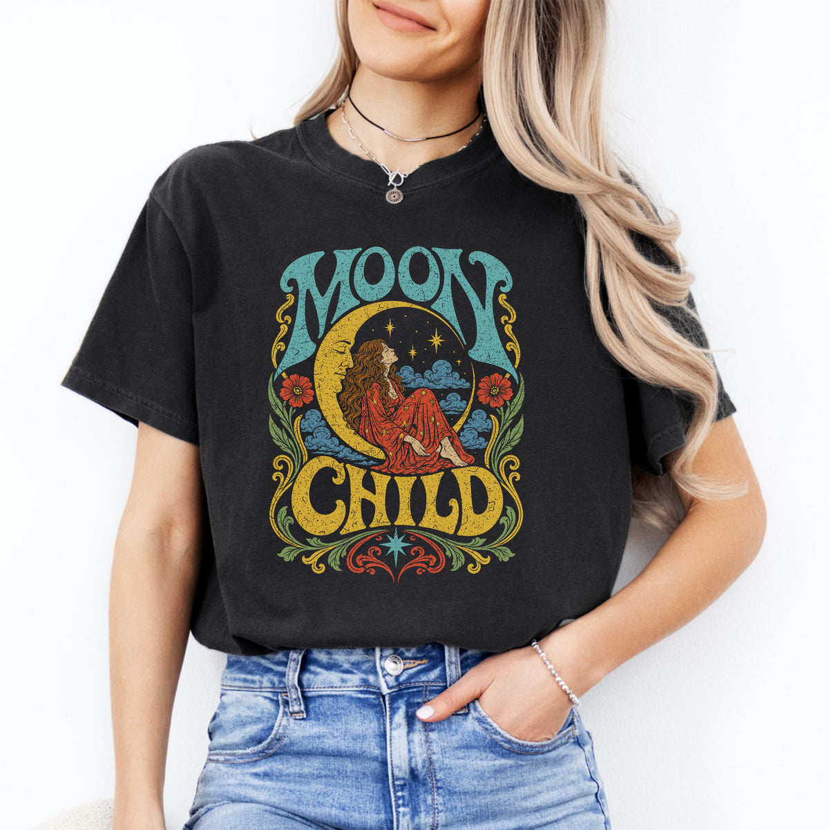 Moon Child Retro 70s Celestial Graphic Top in Black