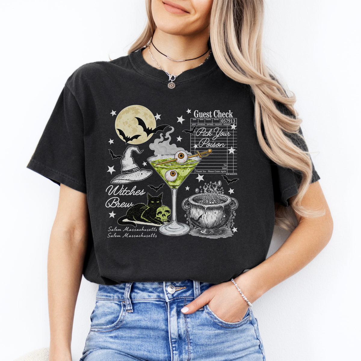 Vintage Halloween guest check graphic tee featuring pick your poison witches brew potion cocktail illustration on black cotton shirt