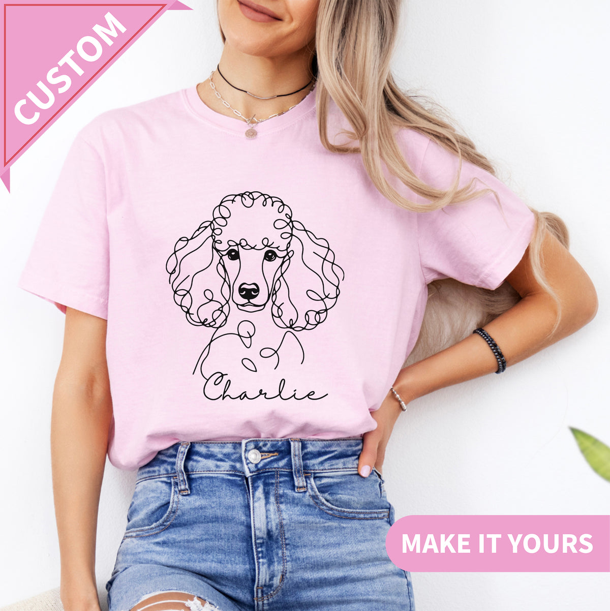 T-Shirt mit personalisiertem Namen und Pudel-Lineart