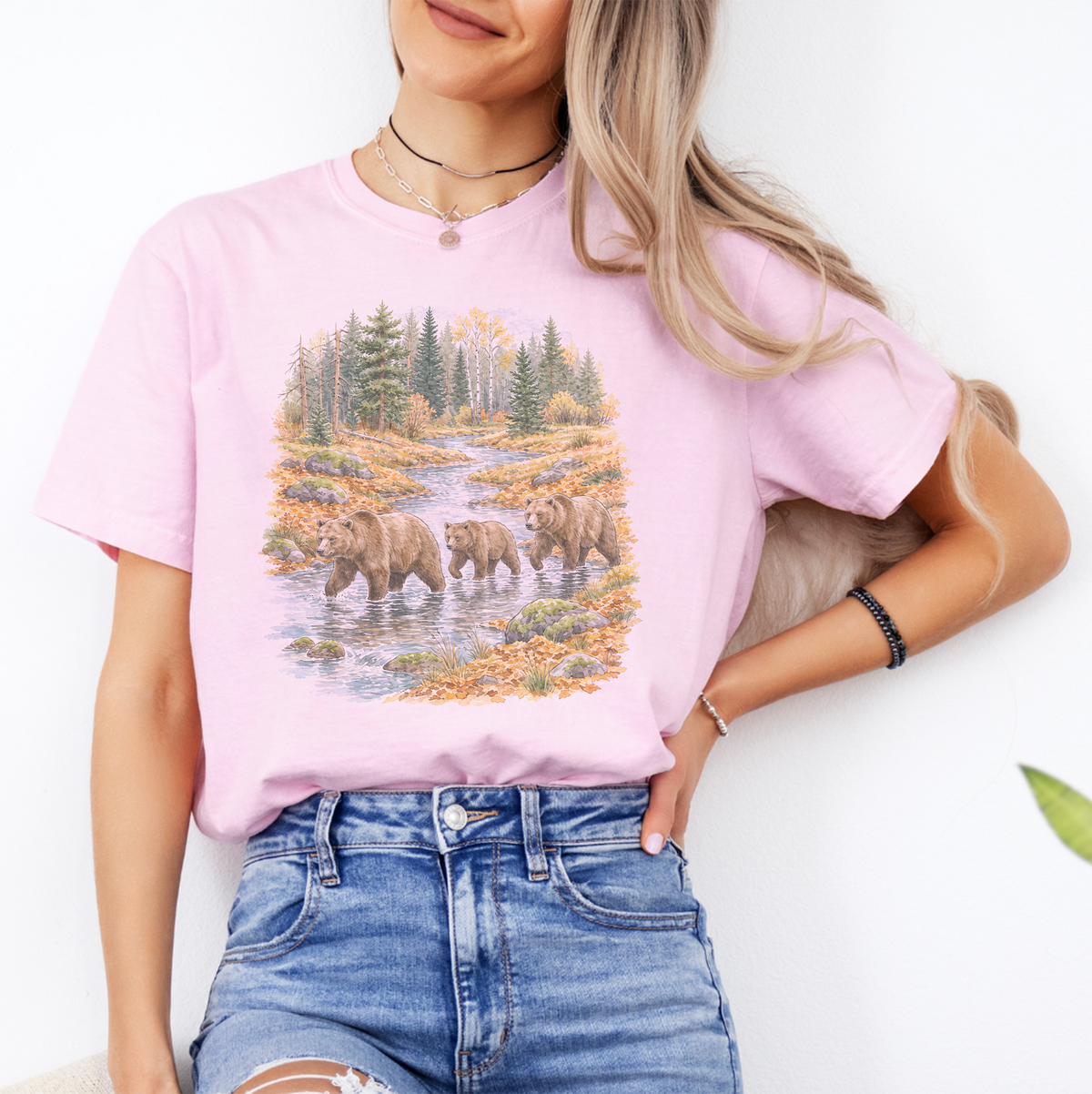Bear Family River Crossing Autumn Scenic T-Shirt in Blossom Pink