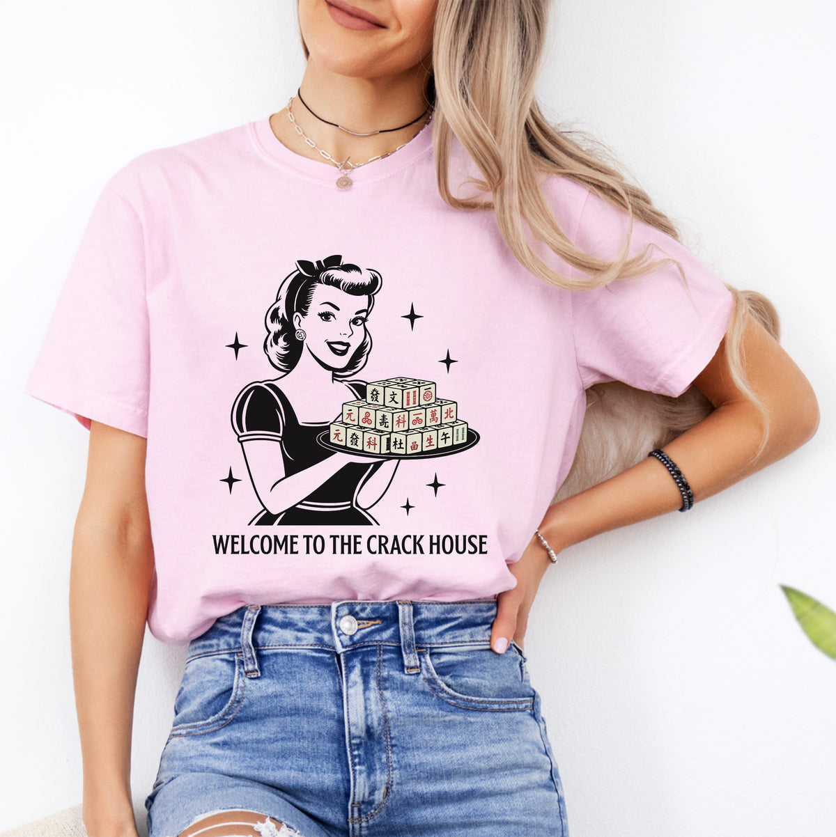 Vintage 1950s Mahjong Hostess Graphic Casual Shirt – "Welcome To The Crack House"