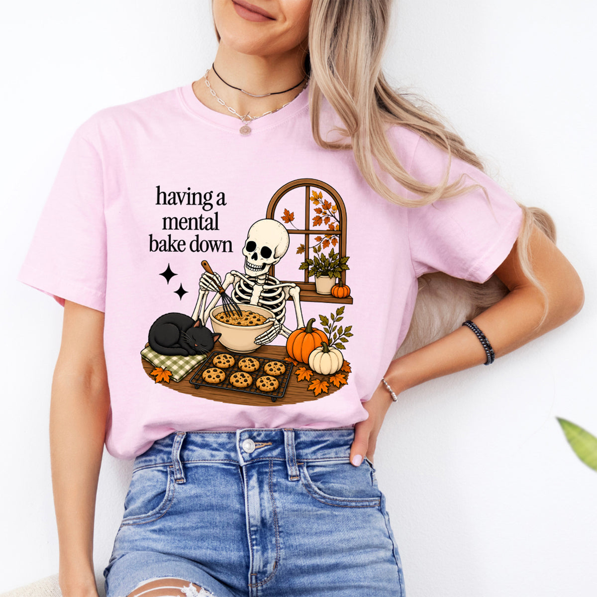 Grafik-T-Shirt mit Skelettbäcker „Having a Mental Bake Down“