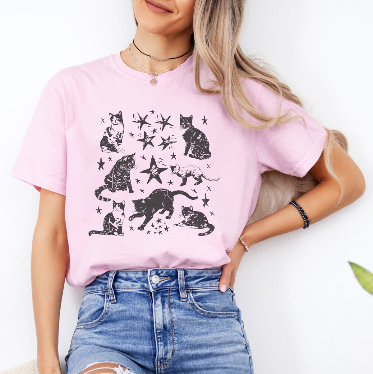 Vintage-T-Shirt mit Katzen-Sternmotiv