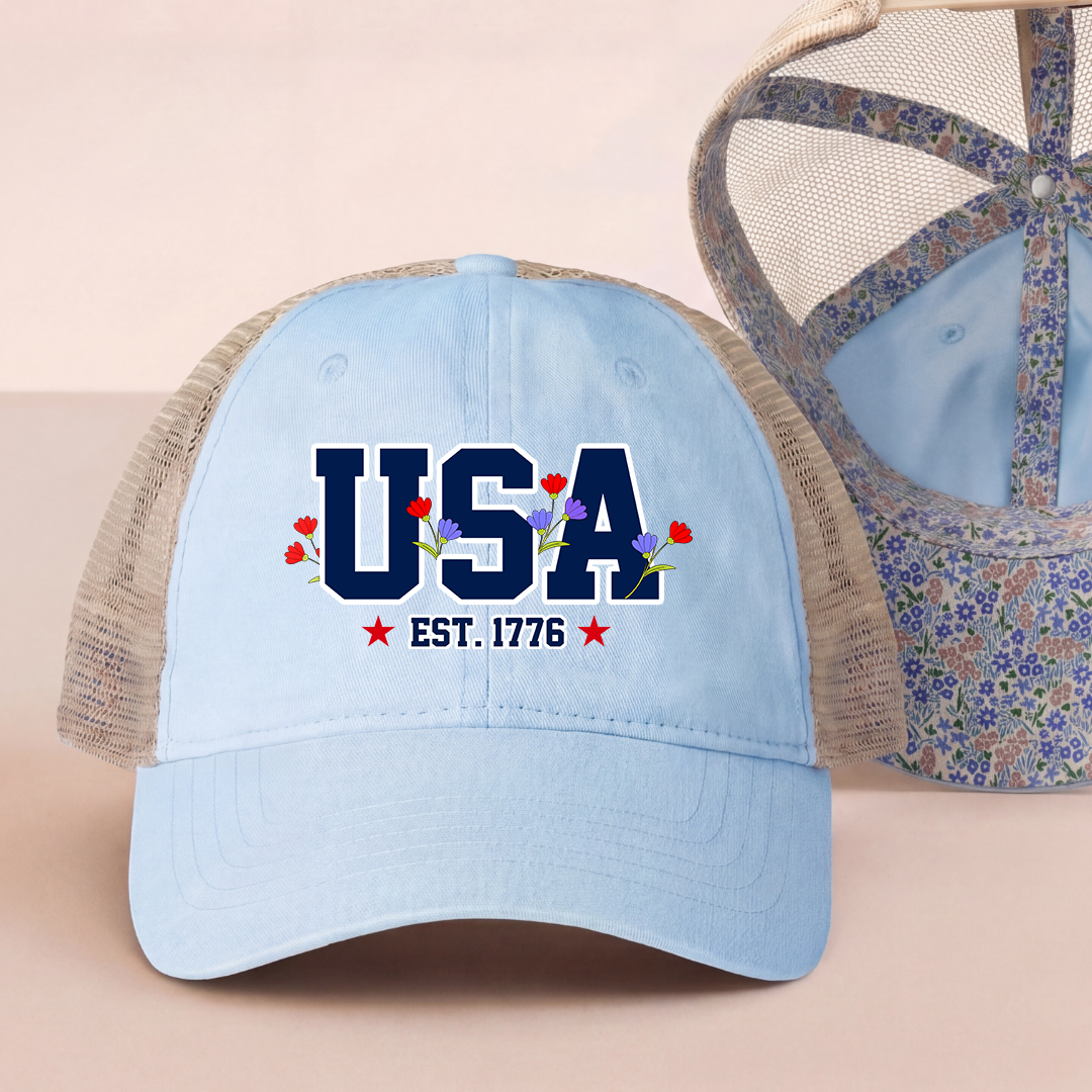 Embroidered USA Flag Floral Trucker Hat