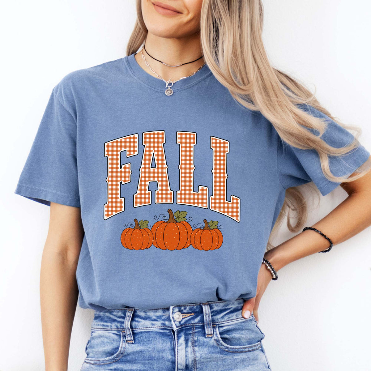 Gingham Pumpkin Autumn Graphic T-Shirt – Retro Fall Vibe