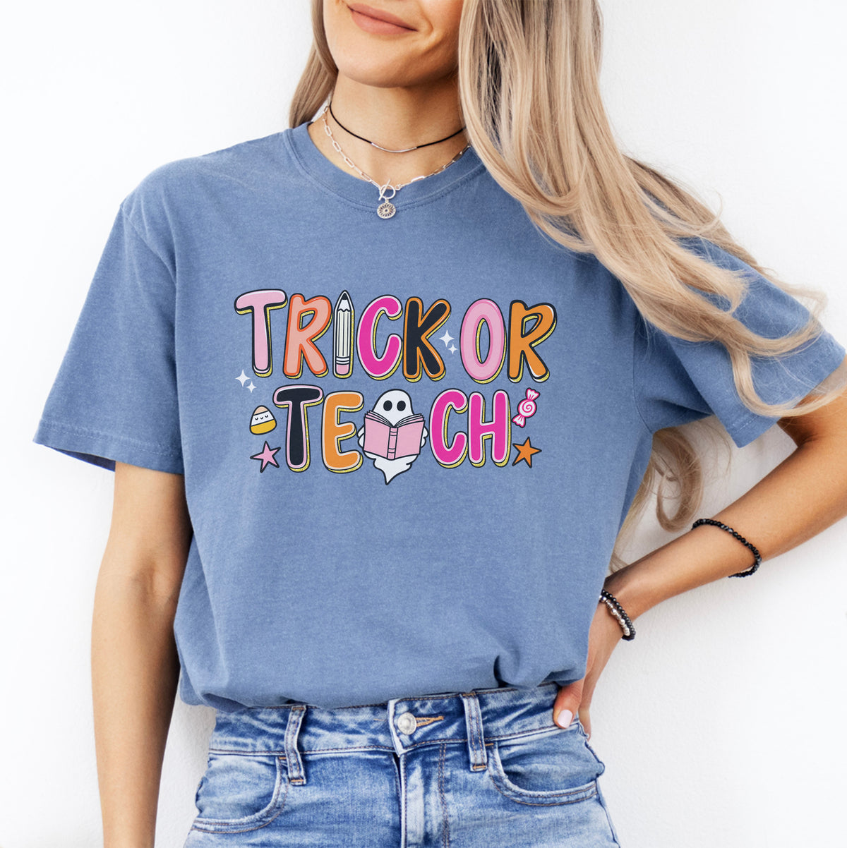Halloween Trick Or Teach festive educator graphic shirt in blue jean