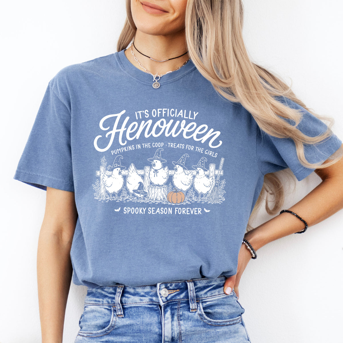 Backyard Chicken Autumn Graphic Tee – \"It's Officially Henoween\" Witch Hens