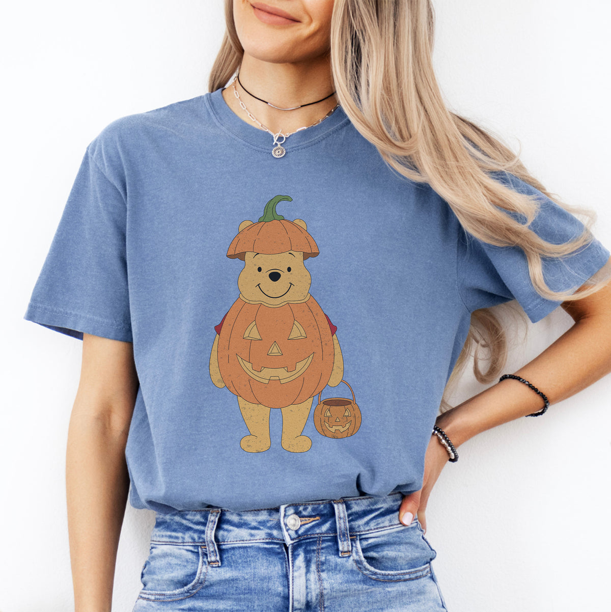 Retro Halloween Winnie the Pooh Pumpkin nostalgic graphic t-shirt in blue jean
