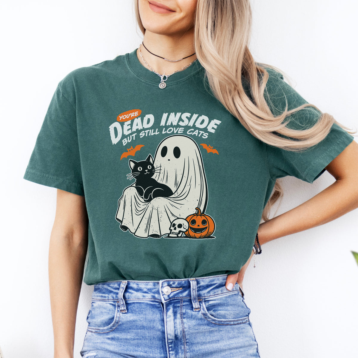 Youre Dead Inside But Still Love Cats cute spooky Halloween cat graphic shirt in blue spruce