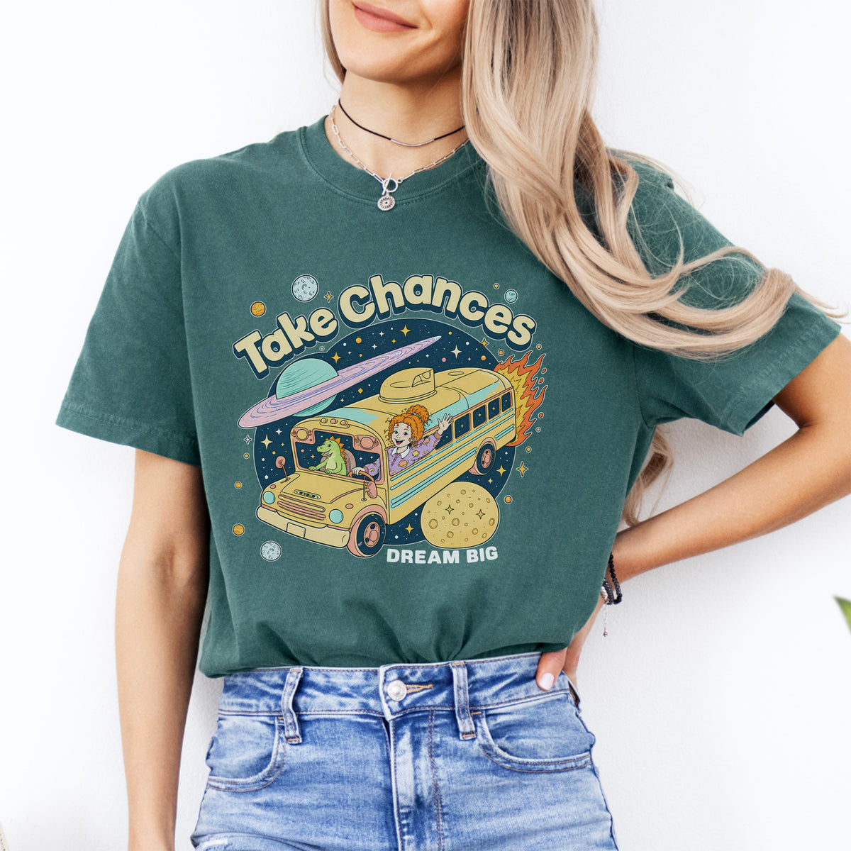Take Chances Magic School Bus Graphic Top in blue spruce with Ms Frizzle in space