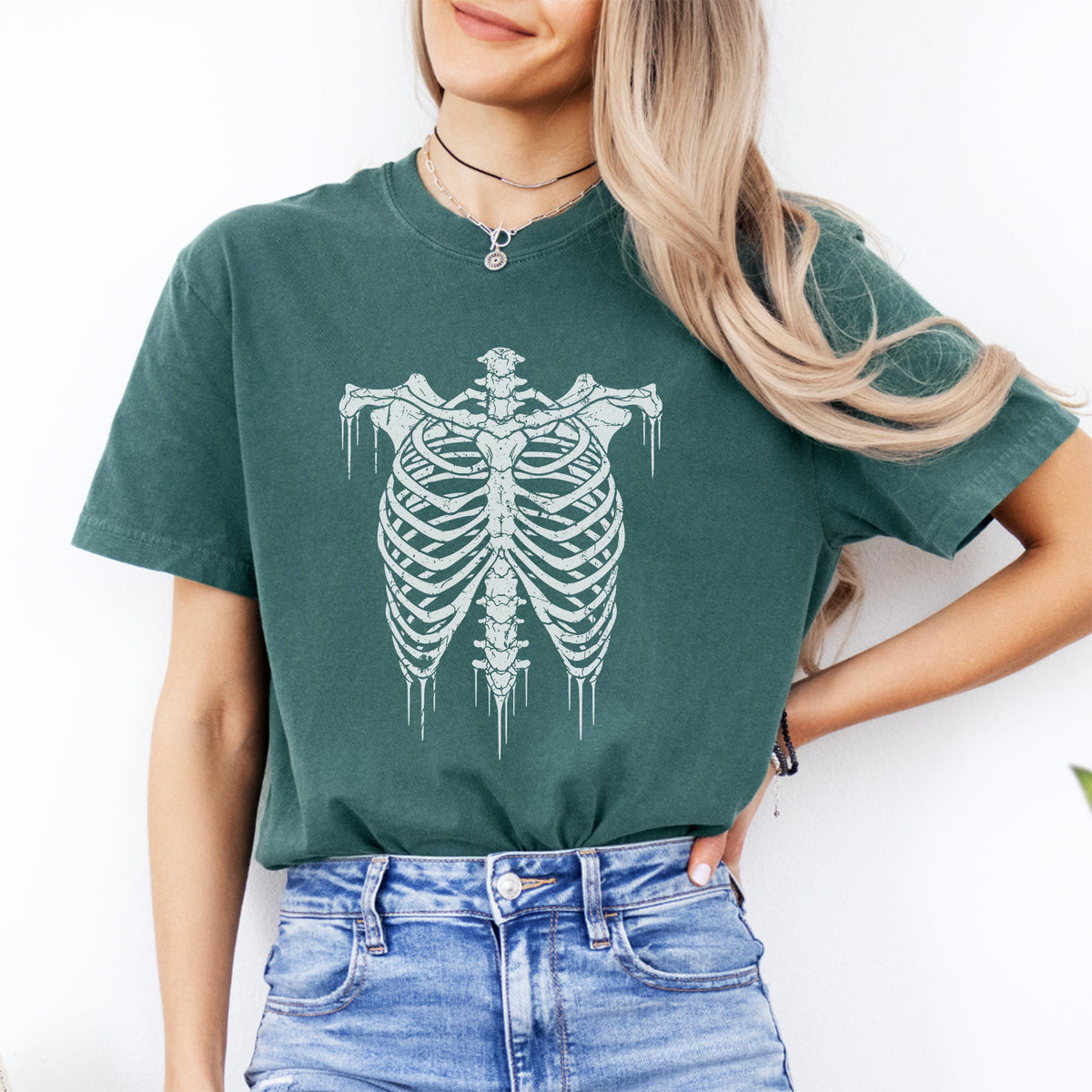 Gothic Skeleton Rib Cage Anatomical Crewneck Tee in Blue Spruce