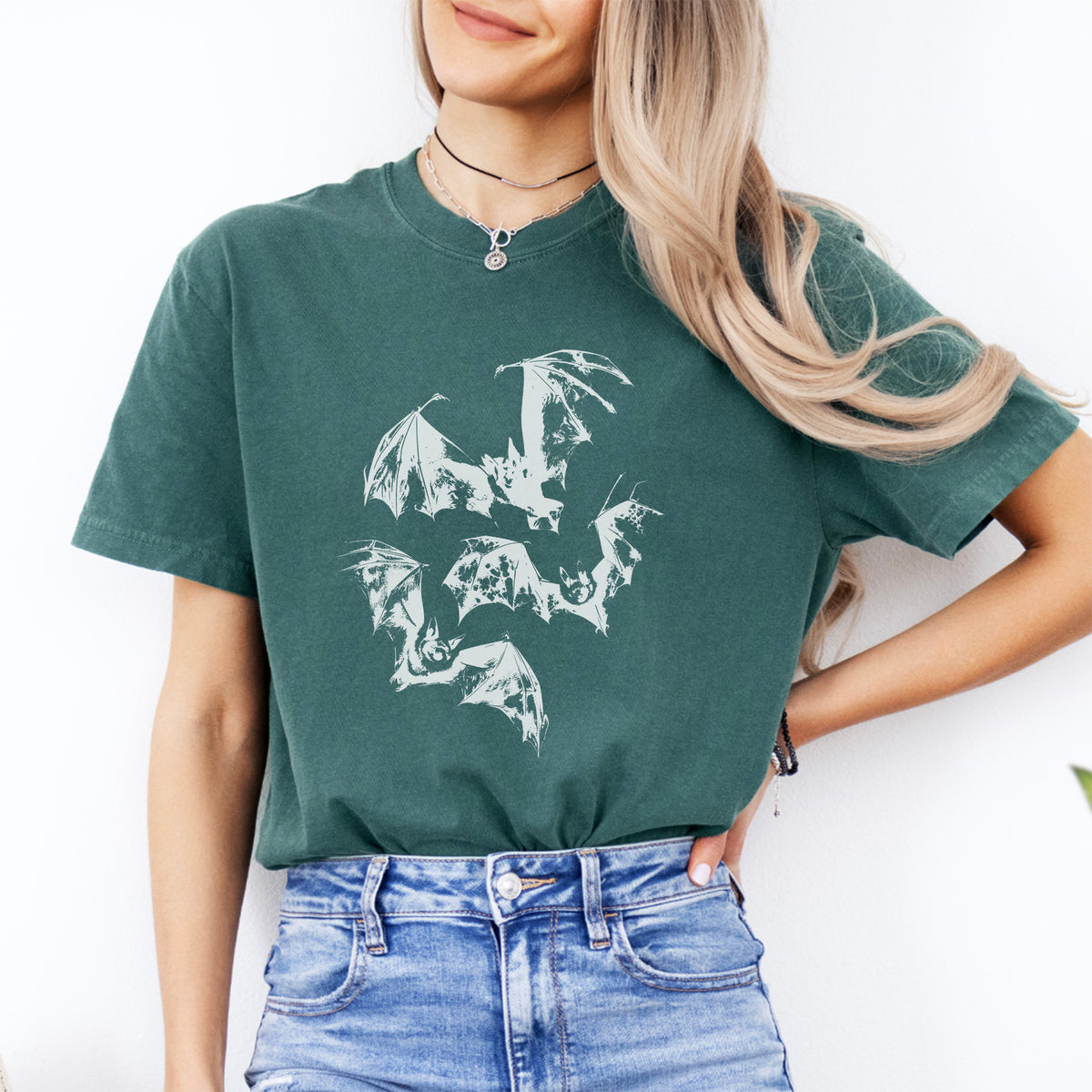 Gothic Flying Bats Vintage Graphic Shirt in Blue Spruce
