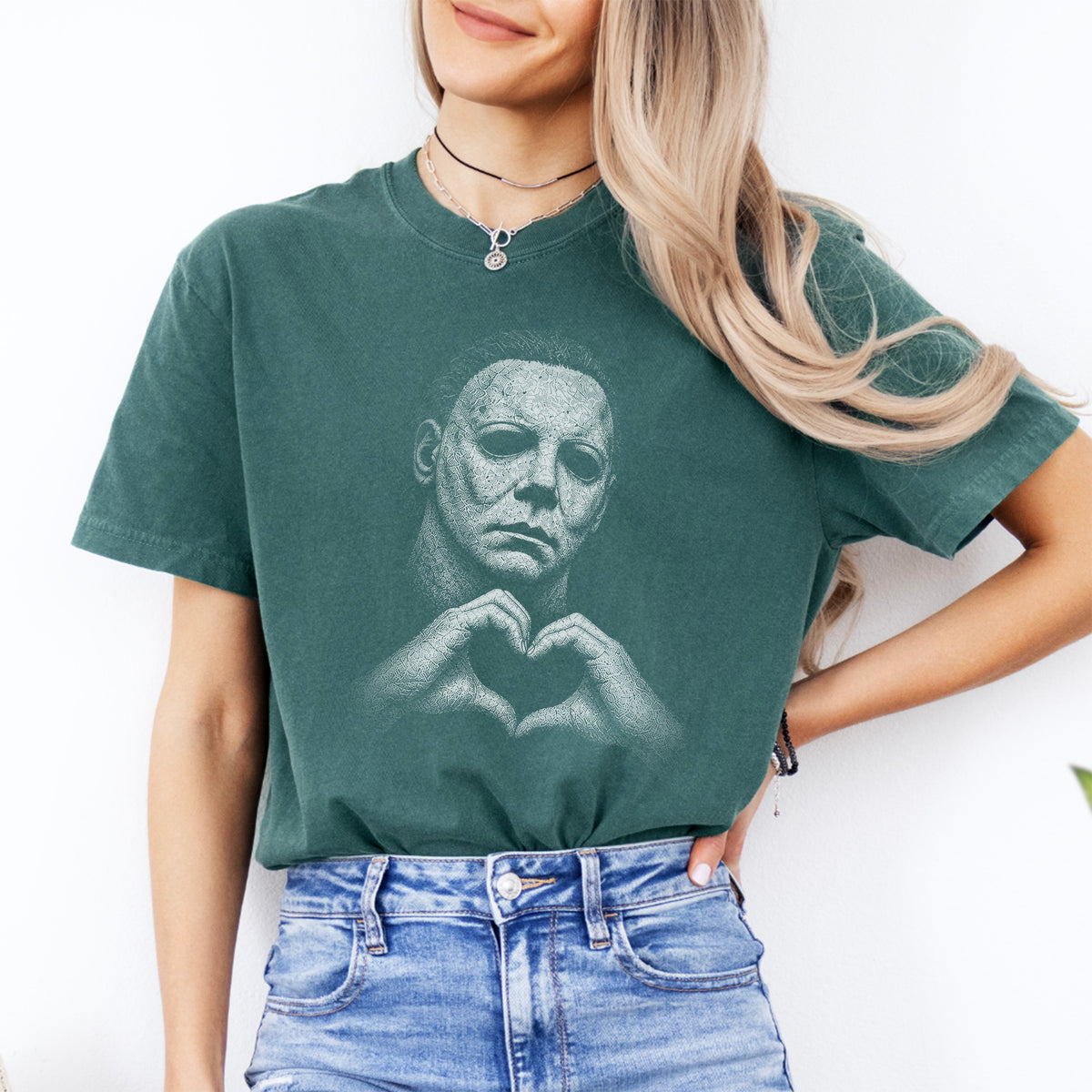 Vintage slasher masked character heart hands graphic t-shirt in blue spruce