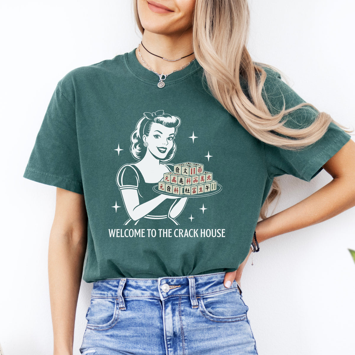 Welcome To The Crack House vintage mahjong top in blue spruce