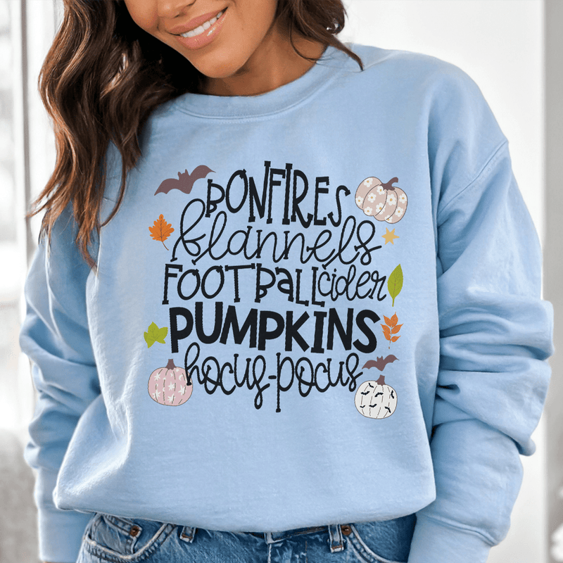 Bonfires Flannels Football Cider Pumpkins Hocus Pocus Sweatshirt Light Blue / S Peachy Sunday T-Shirt