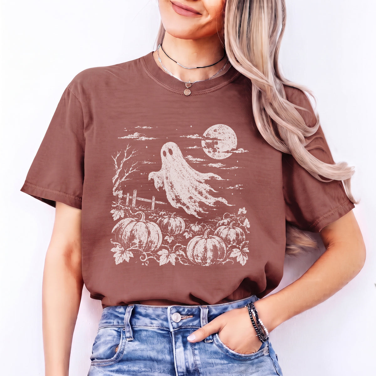 Vintage Halloween Pumpkin Field Spooky Season Tee