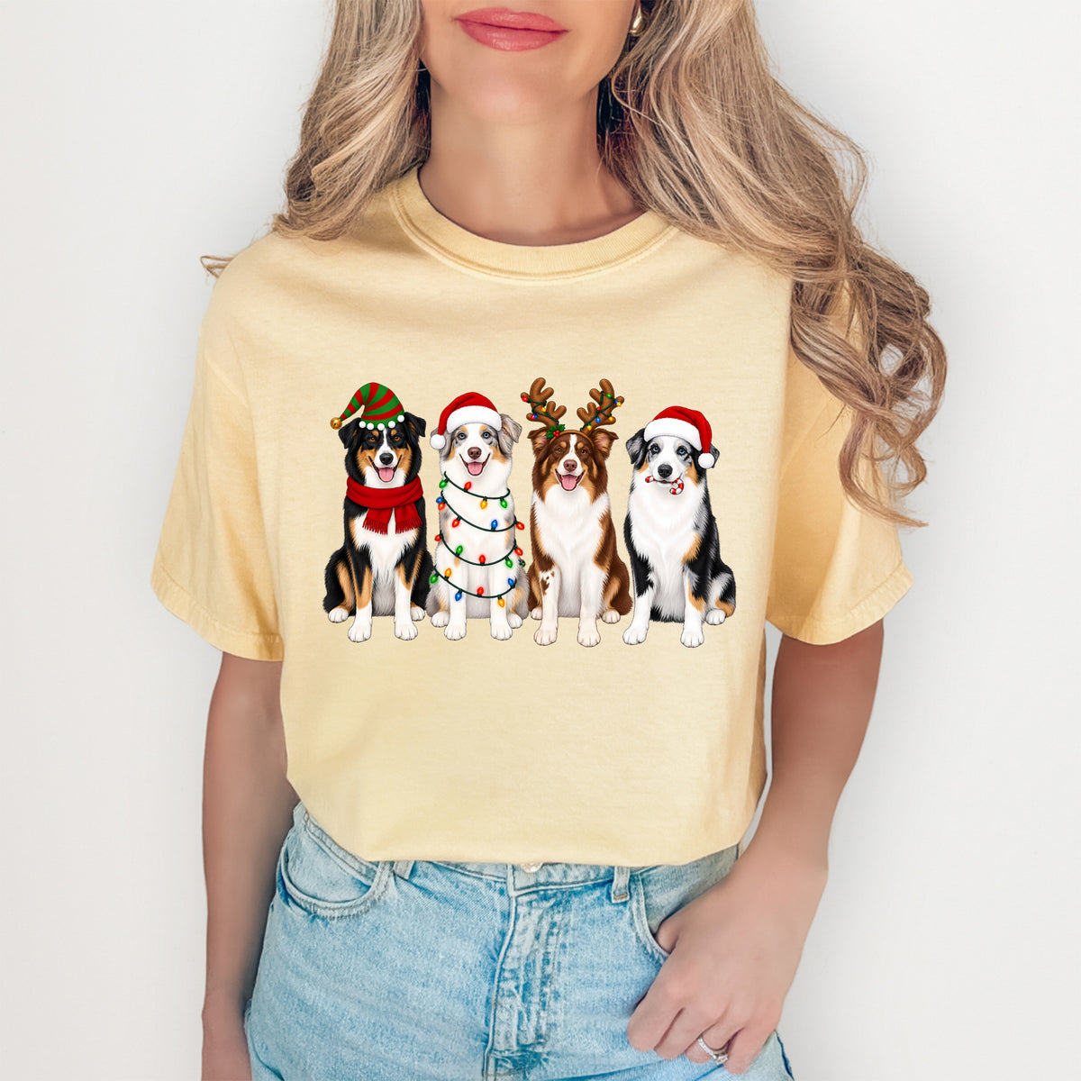 Holiday Australian Shepherds Lineup Graphic Tee – Festive Christmas Dogs Shirt
