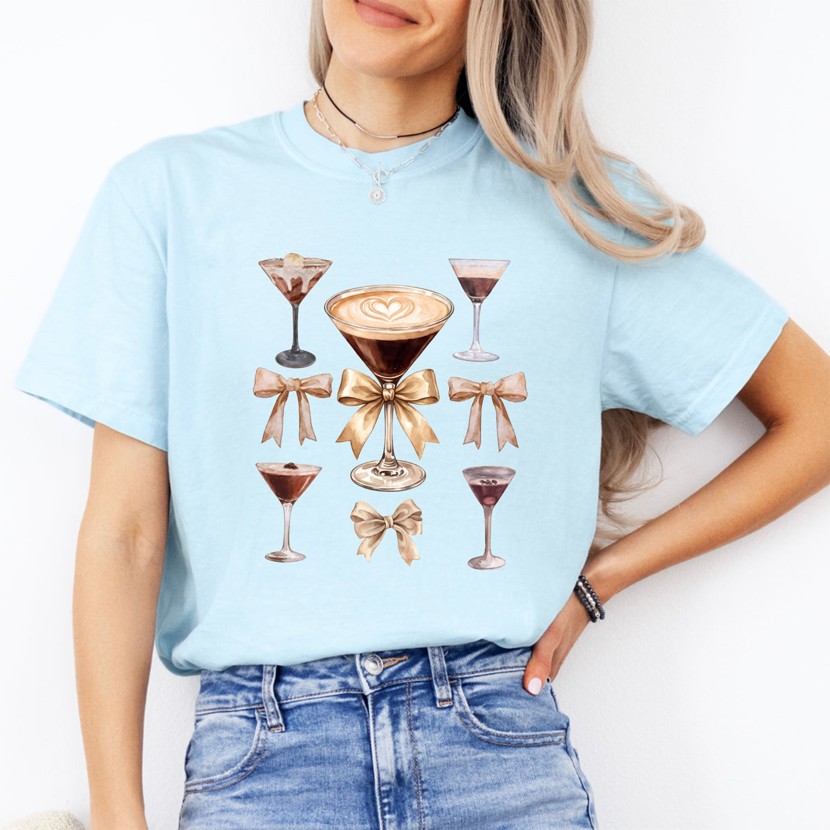 Espresso Martini Coquette Bows Graphic Top – Trendy Cocktail Casual Shirt