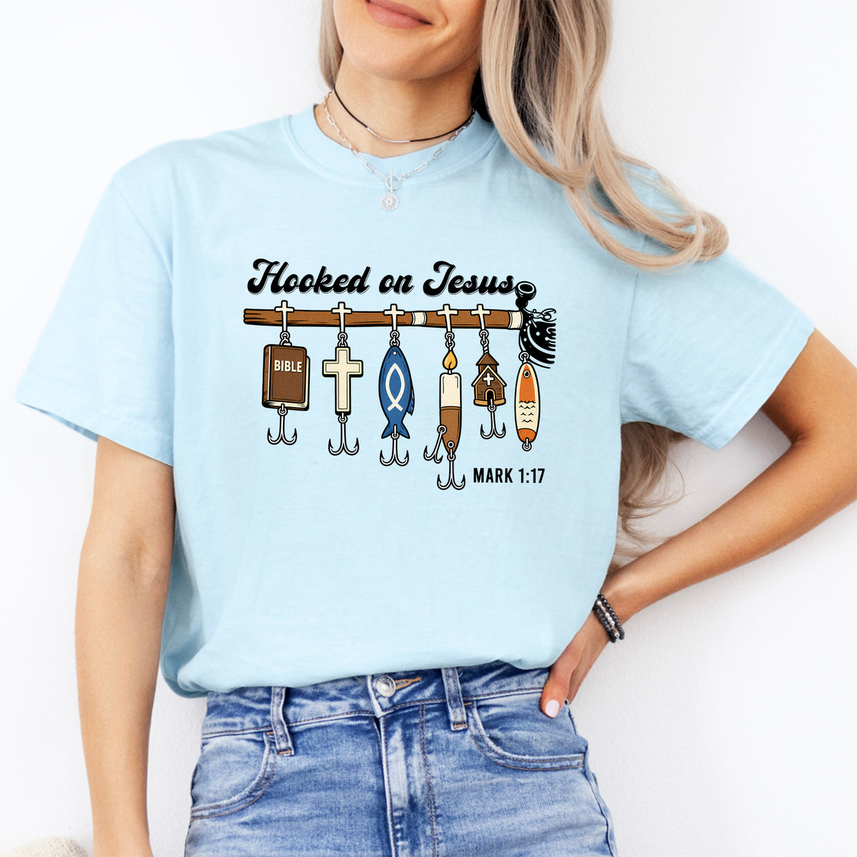 Christliches Angel-Grafikshirt „Hooked on Jesus“, Markus 1:17 – Glaubensshirt für Angler