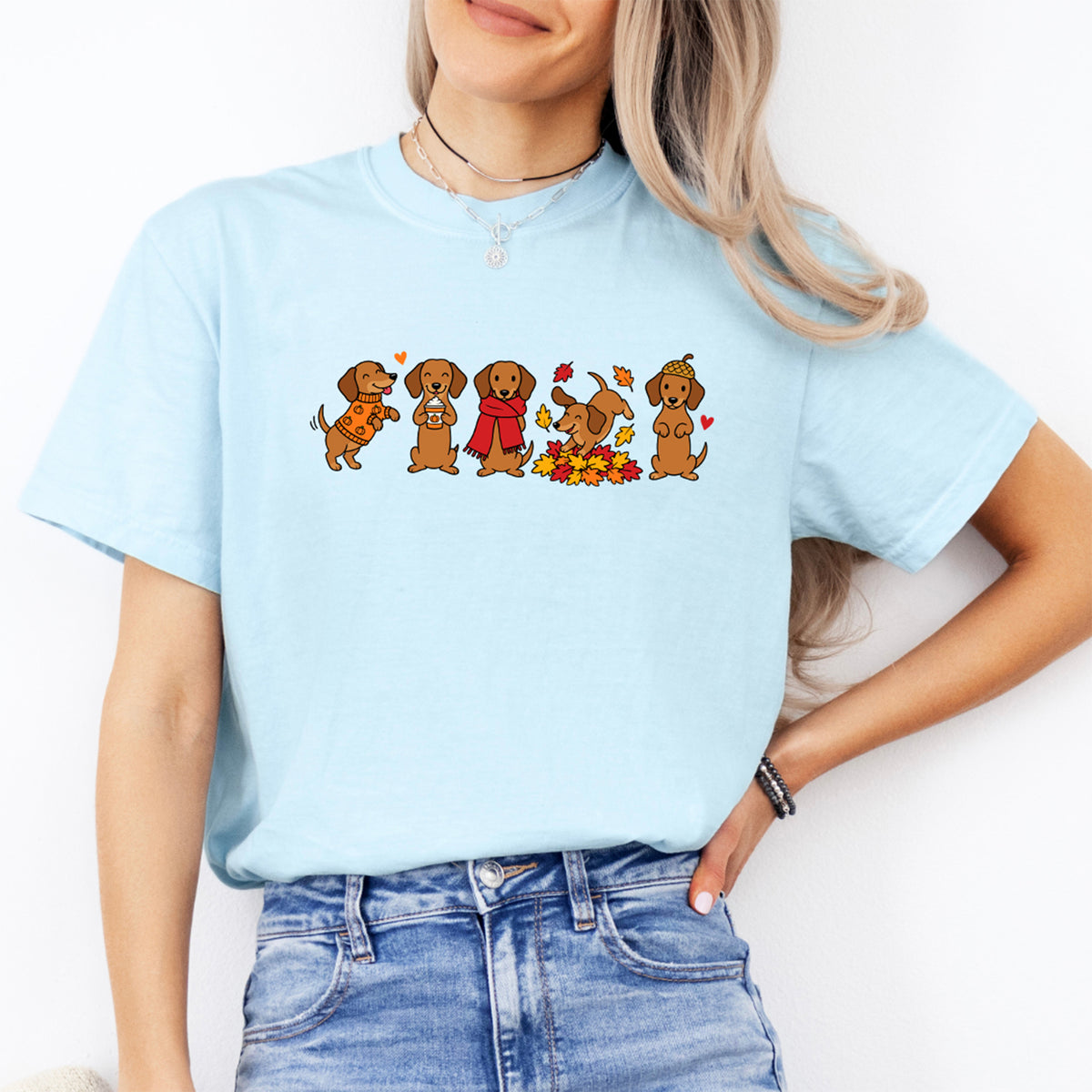 Autumn Dachshund Lineup Graphic Tee – Fall Wiener Dog Shirt