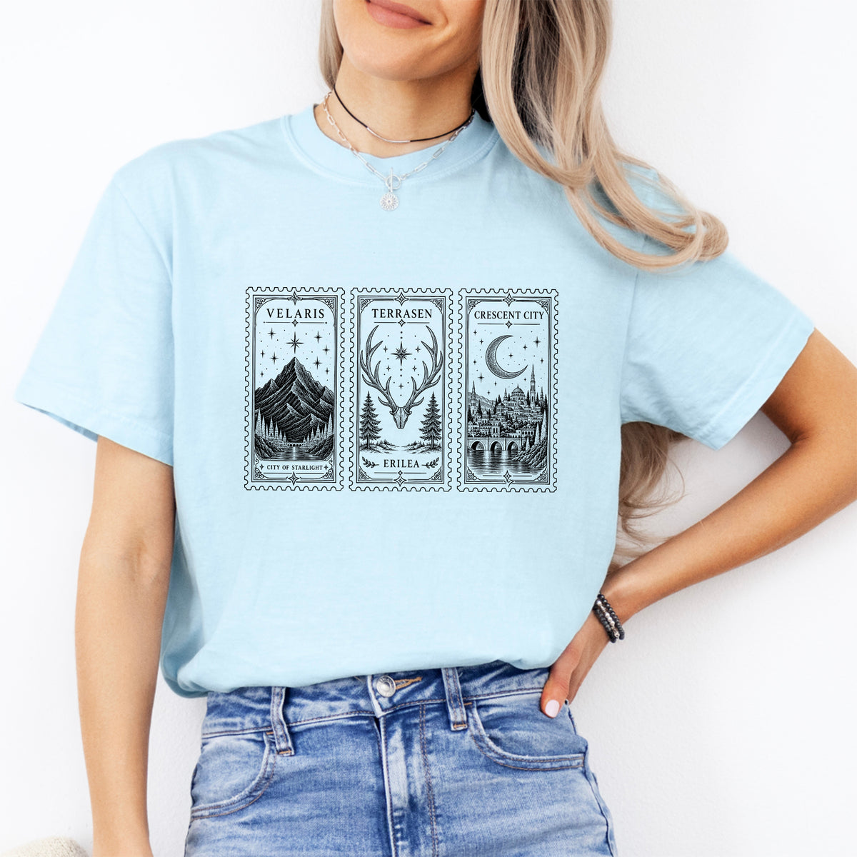 Grafik-Top mit Fantasy-Buchpostkarte – Bookish-T-Shirt mit Velaris und Terrasen