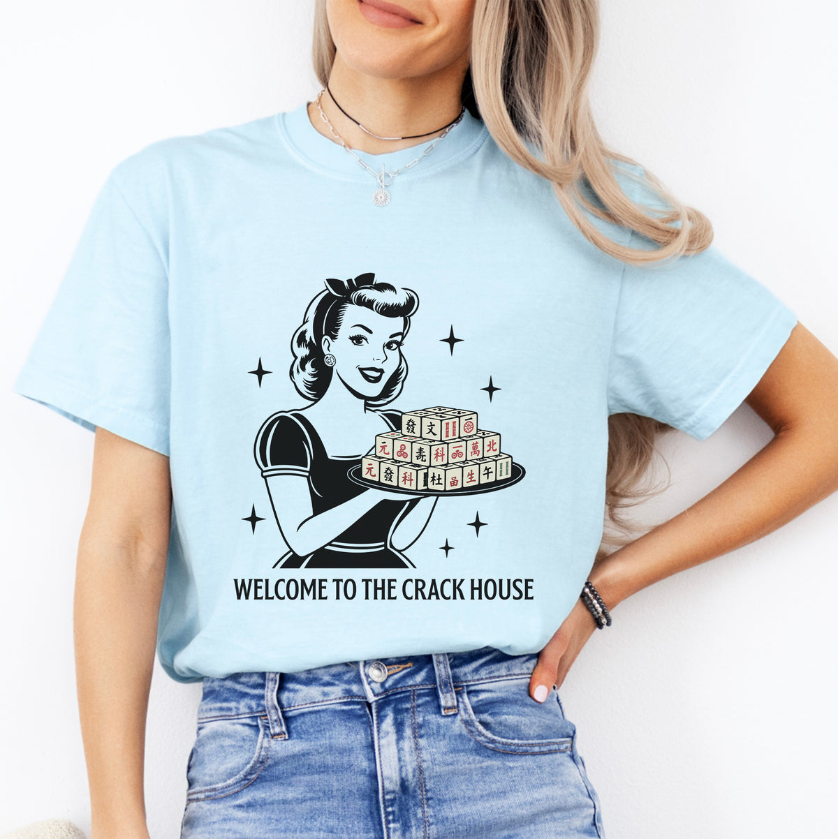Vintage 1950s Mahjong Hostess Graphic Casual Shirt – "Welcome To The Crack House"